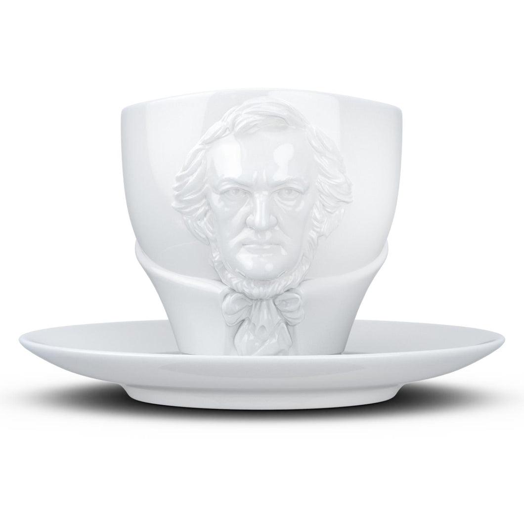 Premium porcelain coffee cup with saucer in white with sculpted Richard Wagner face. Dishwasher and microwave safe cup at 8.7 oz capacity. From the TALENT product family of cups dedicated to creative geniuses by FIFTYEIGHT Products.