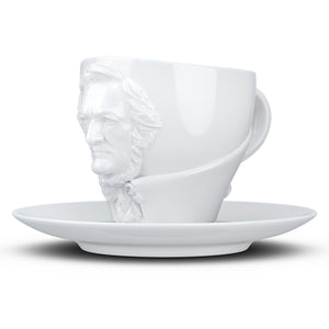 Premium porcelain coffee cup with saucer in white with sculpted Richard Wagner face. Dishwasher and microwave safe cup at 8.7 oz capacity. From the TALENT product family of cups dedicated to creative geniuses by FIFTYEIGHT Products.