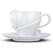 Load image into Gallery viewer, Premium porcelain coffee cup with saucer in white with sculpted Richard Wagner face. Dishwasher and microwave safe cup at 8.7 oz capacity. From the TALENT product family of cups dedicated to creative geniuses by FIFTYEIGHT Products.
