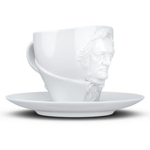Load image into Gallery viewer, Premium porcelain coffee cup with saucer in white with sculpted Richard Wagner face. Dishwasher and microwave safe cup at 8.7 oz capacity. From the TALENT product family of cups dedicated to creative geniuses by FIFTYEIGHT Products.
