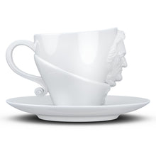 Load image into Gallery viewer, Premium porcelain coffee cup with saucer in white with sculpted Richard Wagner face. Dishwasher and microwave safe cup at 8.7 oz capacity. From the TALENT product family of cups dedicated to creative geniuses by FIFTYEIGHT Products.
