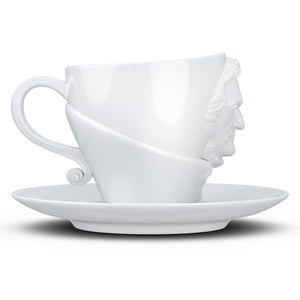 Premium porcelain coffee cup with saucer in white with sculpted Richard Wagner face. Dishwasher and microwave safe cup at 8.7 oz capacity. From the TALENT product family of cups dedicated to creative geniuses by FIFTYEIGHT Products.