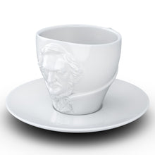 Load image into Gallery viewer, Premium porcelain coffee cup with saucer in white with sculpted Richard Wagner face. Dishwasher and microwave safe cup at 8.7 oz capacity. From the TALENT product family of cups dedicated to creative geniuses by FIFTYEIGHT Products.

