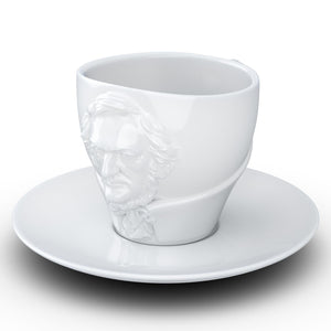 Premium porcelain coffee cup with saucer in white with sculpted Richard Wagner face. Dishwasher and microwave safe cup at 8.7 oz capacity. From the TALENT product family of cups dedicated to creative geniuses by FIFTYEIGHT Products.