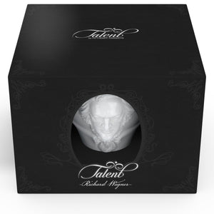 Premium porcelain coffee cup with saucer in white with sculpted Richard Wagner face. Dishwasher and microwave safe cup at 8.7 oz capacity. From the TALENT product family of cups dedicated to creative geniuses by FIFTYEIGHT Products.