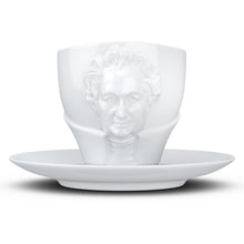 Load image into Gallery viewer, Premium porcelain coffee cup with saucer in white with sculpted Johann Wolfgang von Goethe face. Dishwasher and microwave safe cup at 8.7 oz capacity. From the TALENT product family of cups dedicated to creative geniuses by FIFTYEIGHT Products.
