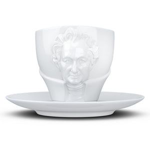 Premium porcelain coffee cup with saucer in white with sculpted Johann Wolfgang von Goethe face. Dishwasher and microwave safe cup at 8.7 oz capacity. From the TALENT product family of cups dedicated to creative geniuses by FIFTYEIGHT Products.