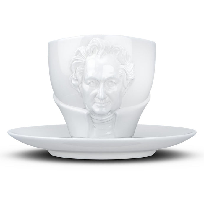 Premium porcelain coffee cup with saucer in white with sculpted Johann Wolfgang von Goethe face. Dishwasher and microwave safe cup at 8.7 oz capacity. From the TALENT product family of cups dedicated to creative geniuses by FIFTYEIGHT Products.