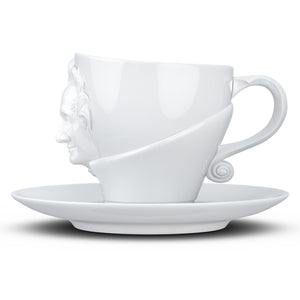 Premium porcelain coffee cup with saucer in white with sculpted Johann Wolfgang von Goethe face. Dishwasher and microwave safe cup at 8.7 oz capacity. From the TALENT product family of cups dedicated to creative geniuses by FIFTYEIGHT Products.