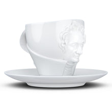 Load image into Gallery viewer, Premium porcelain coffee cup with saucer in white with sculpted Johann Wolfgang von Goethe face. Dishwasher and microwave safe cup at 8.7 oz capacity. From the TALENT product family of cups dedicated to creative geniuses by FIFTYEIGHT Products.
