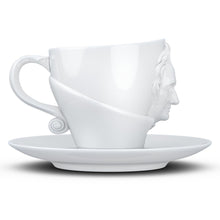 Load image into Gallery viewer, Premium porcelain coffee cup with saucer in white with sculpted Johann Wolfgang von Goethe face. Dishwasher and microwave safe cup at 8.7 oz capacity. From the TALENT product family of cups dedicated to creative geniuses by FIFTYEIGHT Products.
