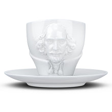Load image into Gallery viewer, Premium porcelain coffee cup with saucer in white with sculpted William Shakespeare face. Dishwasher and microwave safe cup at 8.7 oz capacity. From the TALENT product family of cups dedicated to creative geniuses by FIFTYEIGHT Products.
