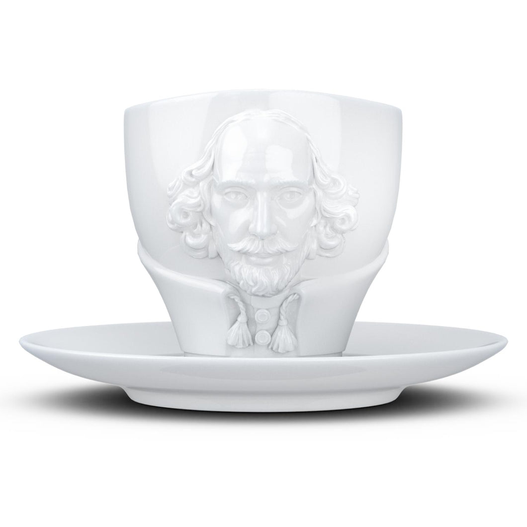 Premium porcelain coffee cup with saucer in white with sculpted William Shakespeare face. Dishwasher and microwave safe cup at 8.7 oz capacity. From the TALENT product family of cups dedicated to creative geniuses by FIFTYEIGHT Products.