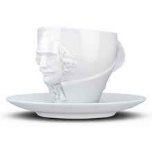 Load image into Gallery viewer, Premium porcelain coffee cup with saucer in white with sculpted William Shakespeare face. Dishwasher and microwave safe cup at 8.7 oz capacity. From the TALENT product family of cups dedicated to creative geniuses by FIFTYEIGHT Products.
