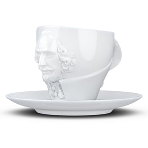 Premium porcelain coffee cup with saucer in white with sculpted William Shakespeare face. Dishwasher and microwave safe cup at 8.7 oz capacity. From the TALENT product family of cups dedicated to creative geniuses by FIFTYEIGHT Products.