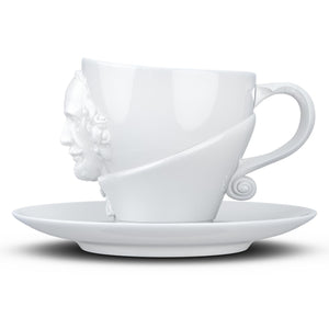 Premium porcelain coffee cup with saucer in white with sculpted William Shakespeare face. Dishwasher and microwave safe cup at 8.7 oz capacity. From the TALENT product family of cups dedicated to creative geniuses by FIFTYEIGHT Products.