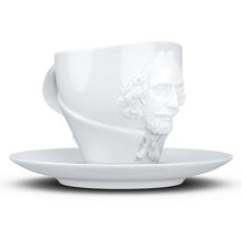 Load image into Gallery viewer, Premium porcelain coffee cup with saucer in white with sculpted William Shakespeare face. Dishwasher and microwave safe cup at 8.7 oz capacity. From the TALENT product family of cups dedicated to creative geniuses by FIFTYEIGHT Products.
