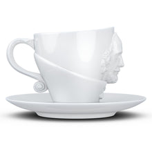 Load image into Gallery viewer, Premium porcelain coffee cup with saucer in white with sculpted William Shakespeare face. Dishwasher and microwave safe cup at 8.7 oz capacity. From the TALENT product family of cups dedicated to creative geniuses by FIFTYEIGHT Products.
