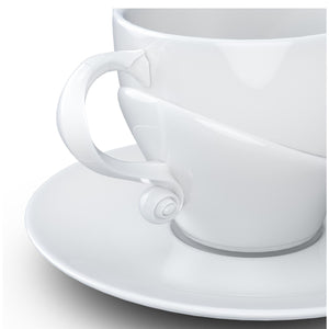 Premium porcelain coffee cup with saucer in white with sculpted William Shakespeare face. Dishwasher and microwave safe cup at 8.7 oz capacity. From the TALENT product family of cups dedicated to creative geniuses by FIFTYEIGHT Products.
