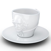 Load image into Gallery viewer, Premium porcelain coffee cup with saucer in white with sculpted William Shakespeare face. Dishwasher and microwave safe cup at 8.7 oz capacity. From the TALENT product family of cups dedicated to creative geniuses by FIFTYEIGHT Products.
