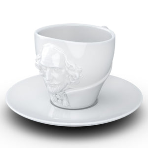 Premium porcelain coffee cup with saucer in white with sculpted William Shakespeare face. Dishwasher and microwave safe cup at 8.7 oz capacity. From the TALENT product family of cups dedicated to creative geniuses by FIFTYEIGHT Products.