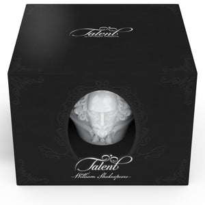 Premium porcelain coffee cup with saucer in white with sculpted William Shakespeare face. Dishwasher and microwave safe cup at 8.7 oz capacity. From the TALENT product family of cups dedicated to creative geniuses by FIFTYEIGHT Products.