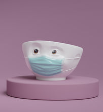 Load image into Gallery viewer, Premium porcelain bowl with colorful accents from TASSEN product family of fun dishware by FIFTYEIGHT Products. Offers 16 oz capacity perfect for serving cereal, soup, snacks and much more. Dishwasher and microwave safe bowl featuring a ‘hopeful’ facial expression and colorful eyes and blue mask. Shipped in gift box.
